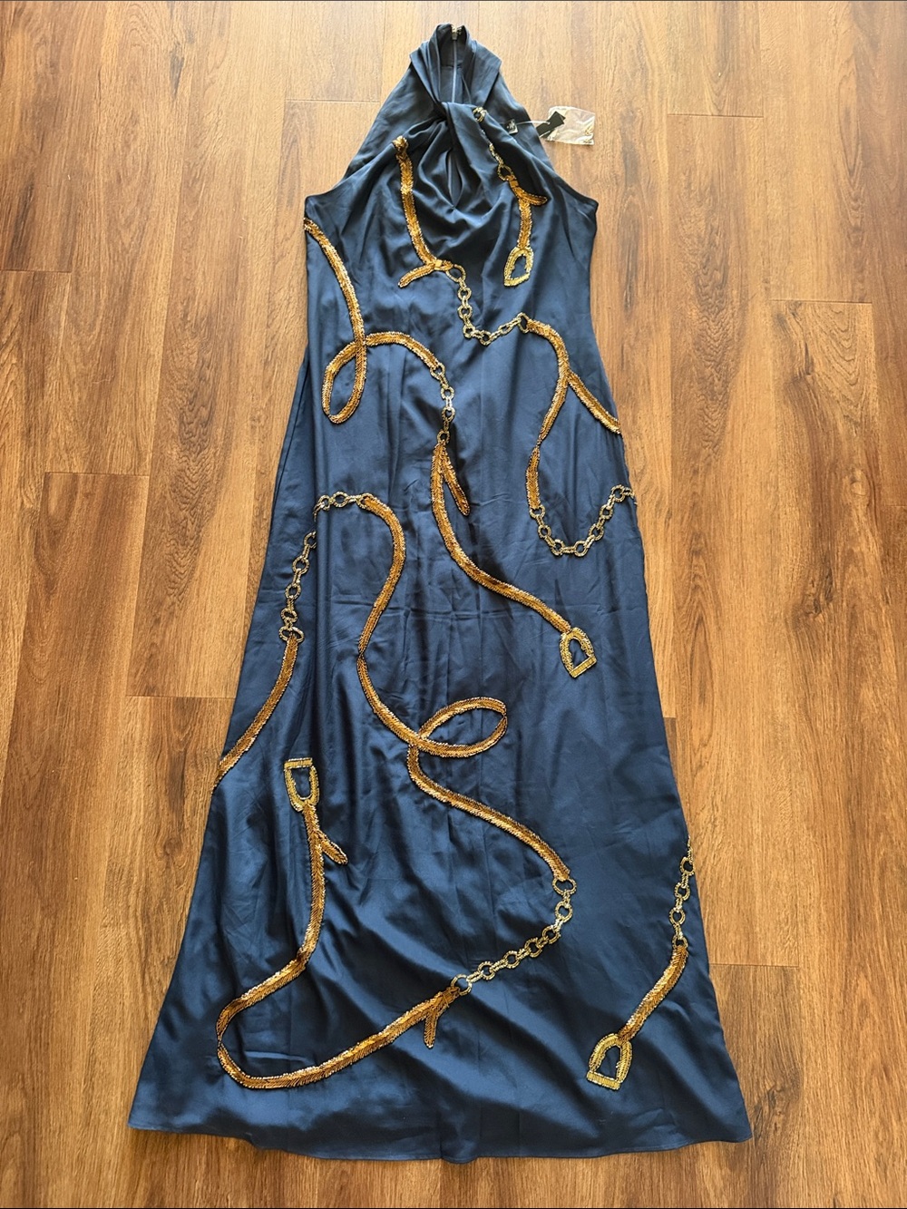 Ralph Lauren Belting Motif Sequined Crepe Halter Gown - Picture 4 of 8